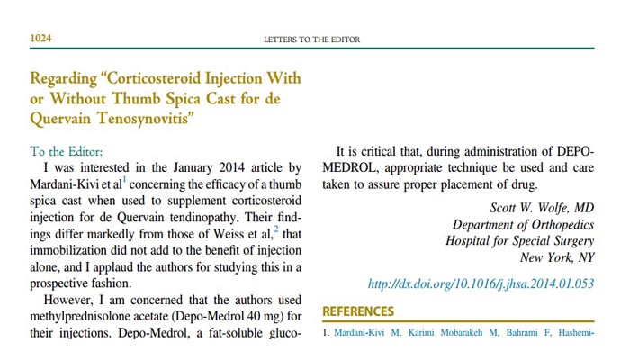 Regarding “Corticosteroid Injection With or Without Thumb Spica Cast for de Quervain Tenosynovitis