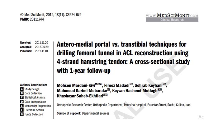 Antero-medial portal vs. transtibial techniques for drilling femoral tunnel in ACL reconstruction using 4-strand hamstring tendon: A cross-sectional studywith 1-year follow-up