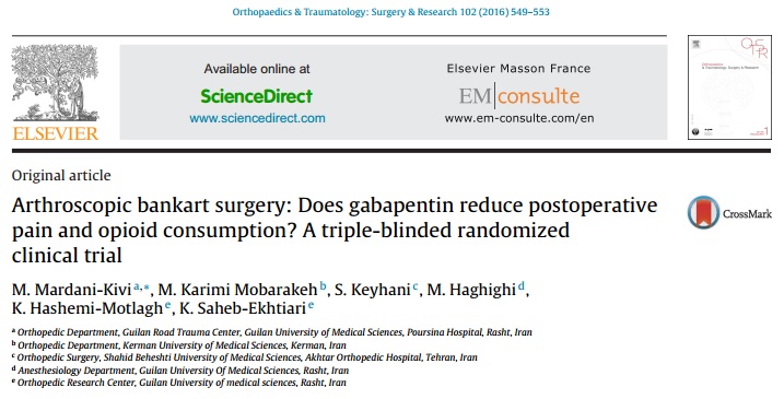 Arthroscopic bankart surgery, Does gabapentin reduce postoperative pain and opioid consumption, A triple blinded randomized clinical trial