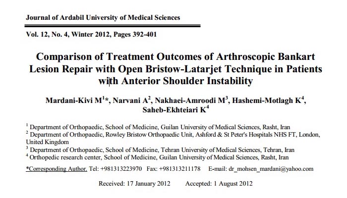 Comparison of Treatment Outcomes of Arthroscopic Bankart Lesion Repair with Open Bristow-Latarjet Technique in Patients with Anterior Shoulder Instability